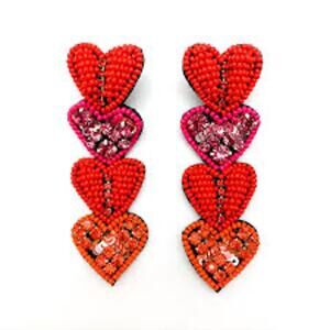 ALLIE BEADS Multi Heart Beaded Drop Earrings in Red ERS3434 3.25 in NEW NWT